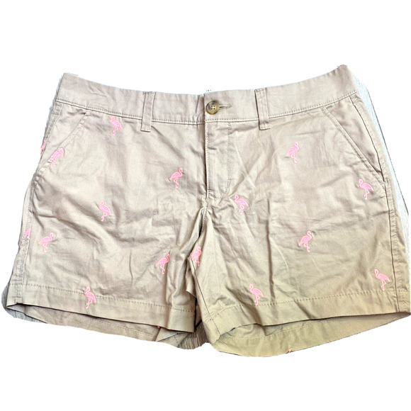 Old Navy Pink Flamingo Chino Shorts Tan & Pink embroidery ladies size 4 preppy - Picture 2 of 9